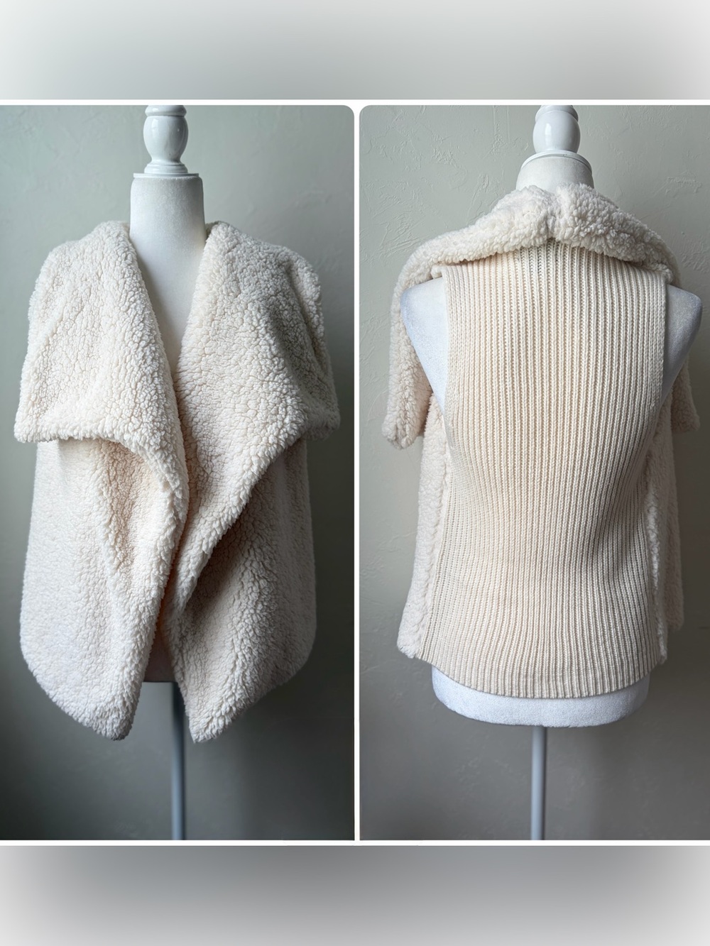 A.n.a Cream Sherpa Sweater-Knit Open Front Vest Size S